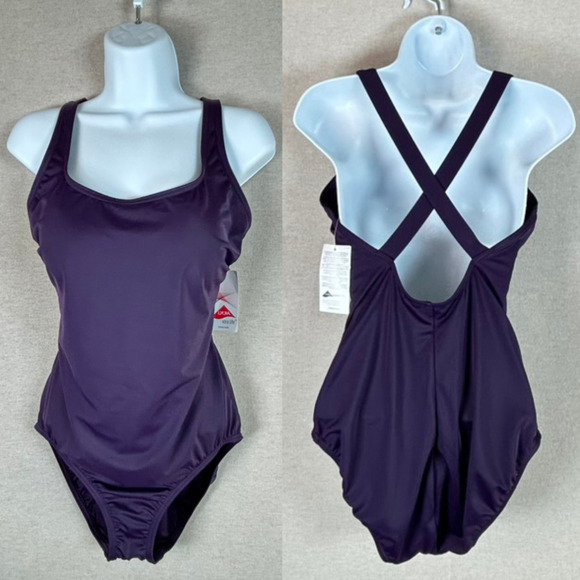 NEW Lands End Womens One PIece Swimsuit Size Large 12 Deep Purple Lycra Cross - Picture 1 of 10
